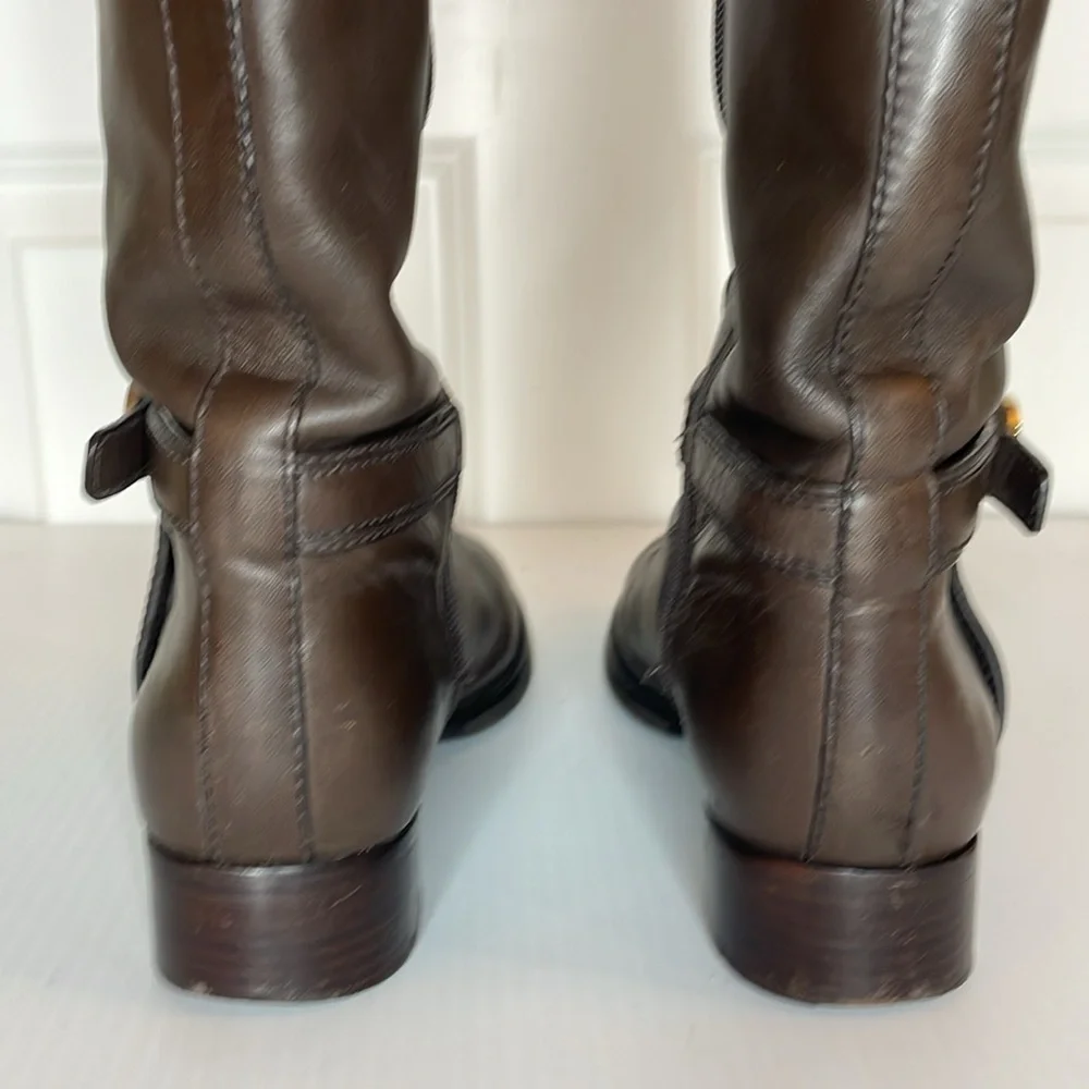 Tory Burch Riding Bristol Boots Women’s Sz 8 Brown Coconut Gold Leather Side Zip